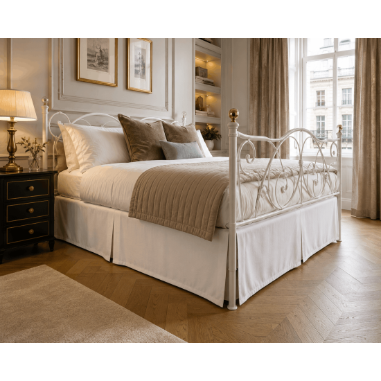 Easy Care Split Corner Valance for Bedsteads & Metal Bed - 200 Thread Count White metal bed with easy care split corner valance for bedsteads and footboard beds